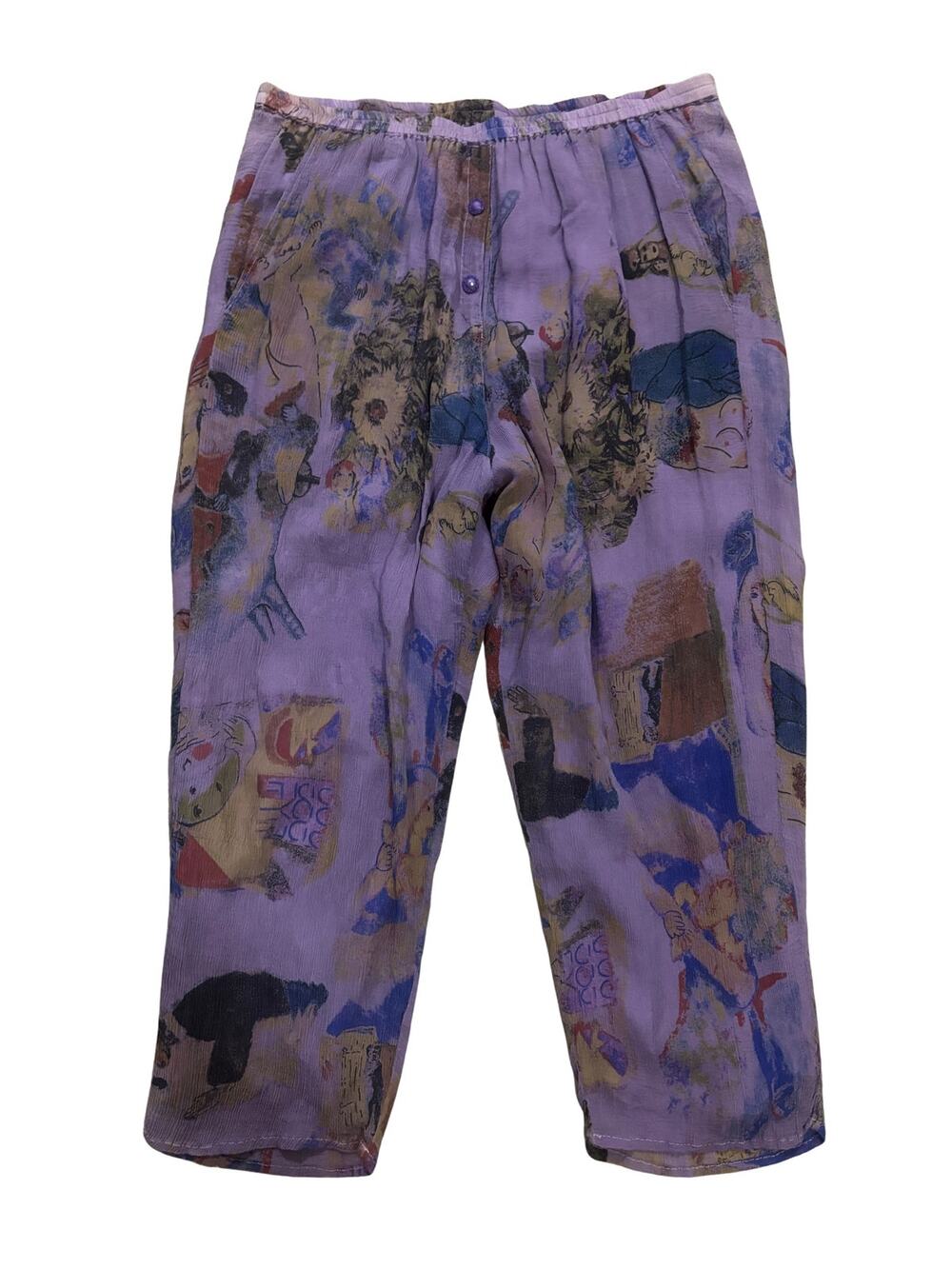 Kristine St. Rrik URU VTG Purple Silk Art Print Wide Leg Pants Size XL